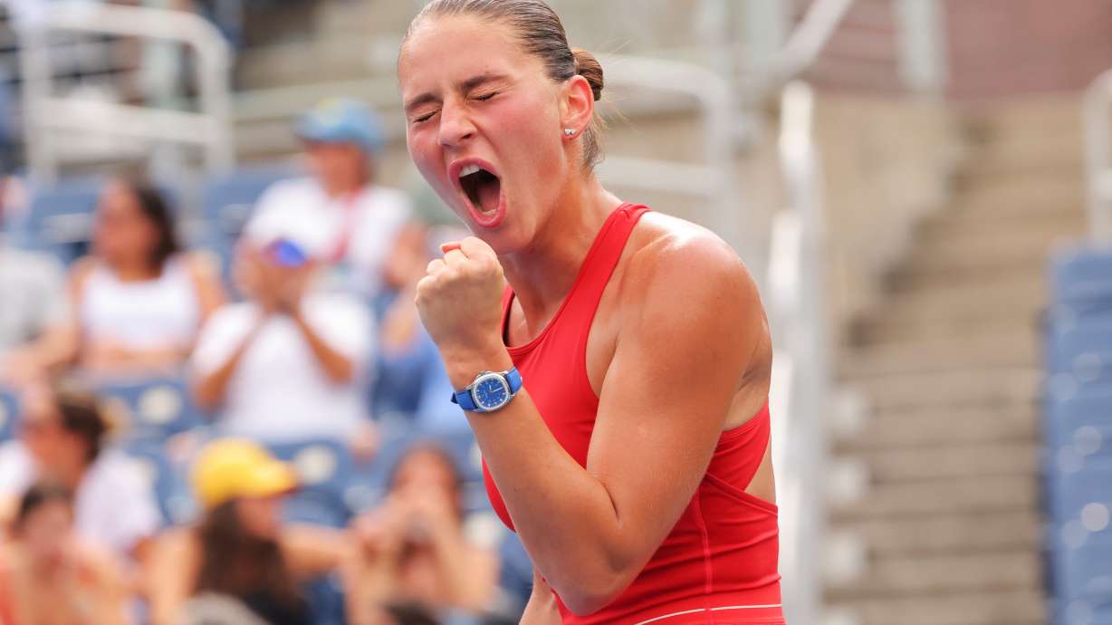 Marta Kostyuk, of Ukraine, reacts following a match against Storm Hunter, of Australia, during the first round of the U.S. Open tennis championships, Sunday, Aug. 30, 2026, in New York.