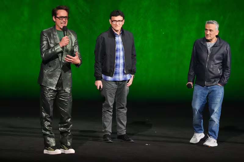 Cast member Robert Downey Jr., from left, director Anthony Russo, and director Joe Russo of the upcoming film "Avengers: Doomsday," speak during the Walt Disney Studios presentation at CinemaCon on Thursday, April 16, 2026, at Caesars Palace in Las Vegas.