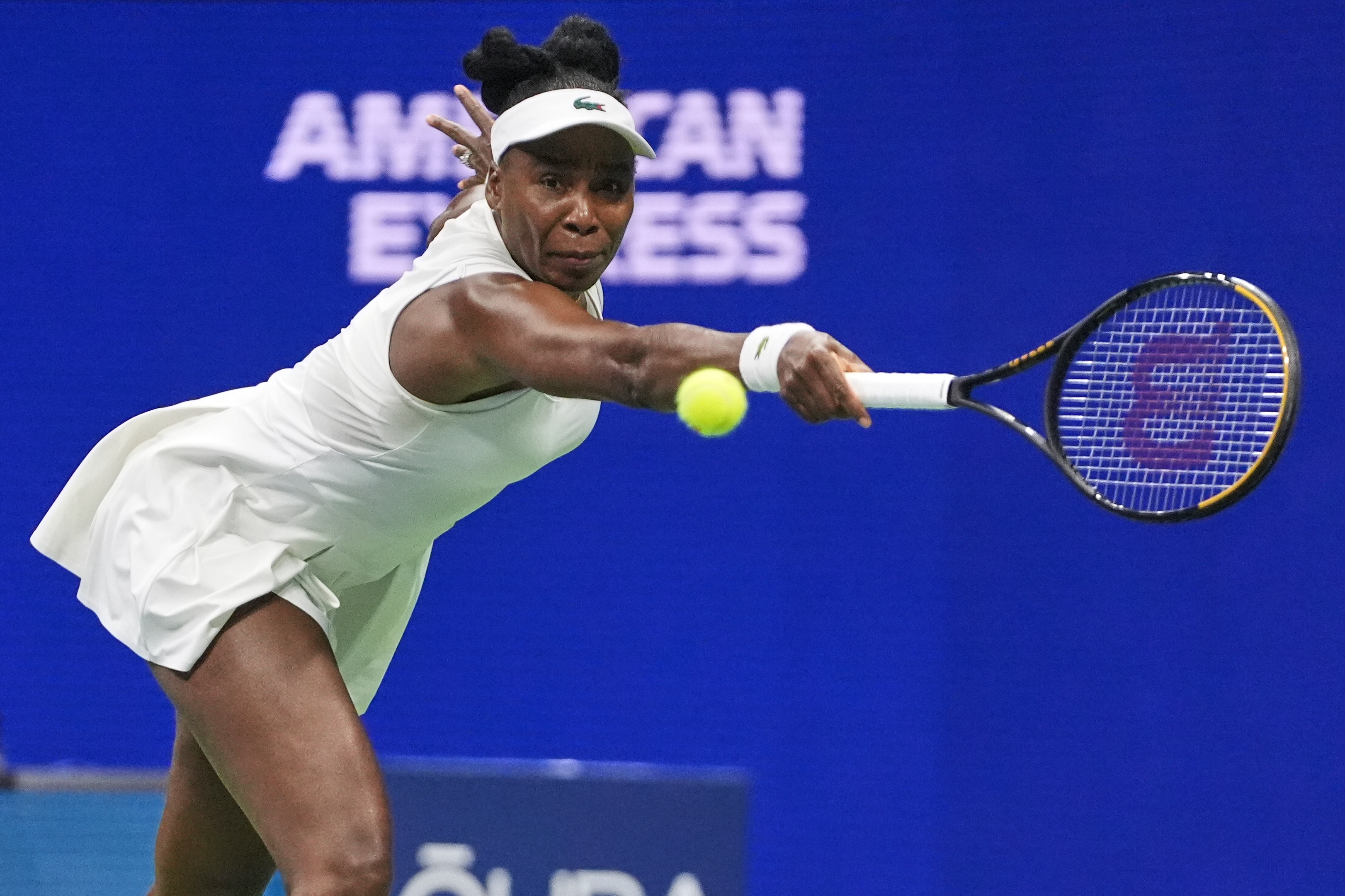 Venus Williams, of the United States, plays a backhand return to compatriot Sofia Kenin during their first round match of the U.S. Open tennis championships, Monday, Aug. 31, 2026, in New York. 