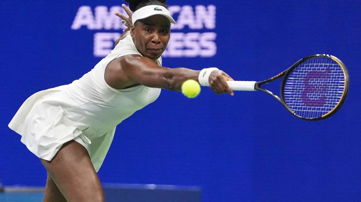 Venus Williams, of the United States, plays a backhand return to compatriot Sofia Kenin during their first round match of the U.S. Open tennis championships, Monday, Aug. 31, 2026, in New York.