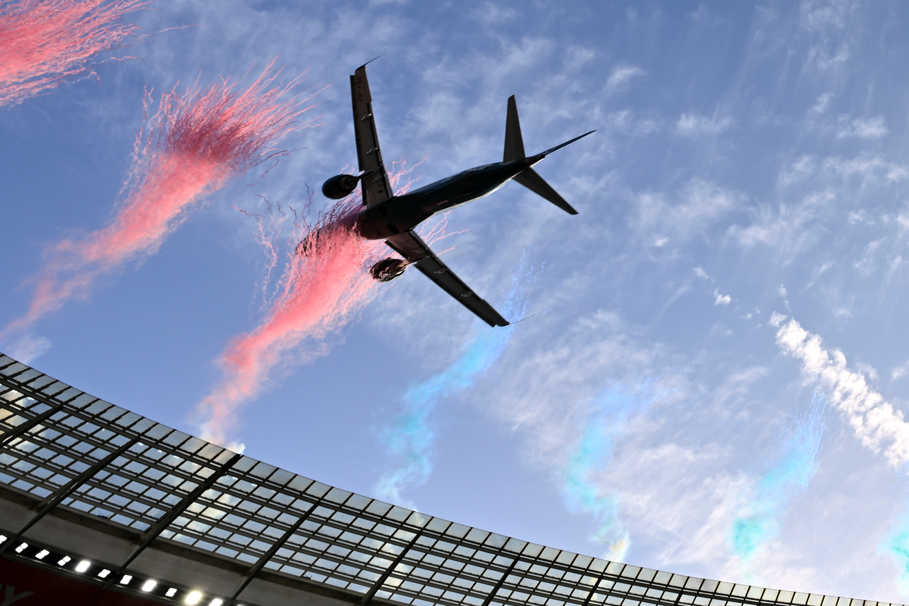 A jetliner flies over the stadium ahead of a second Test rugby match between South Africa and New Zealand, in Cape Town, South Africa, Saturday, Aug. 29, 2026. 