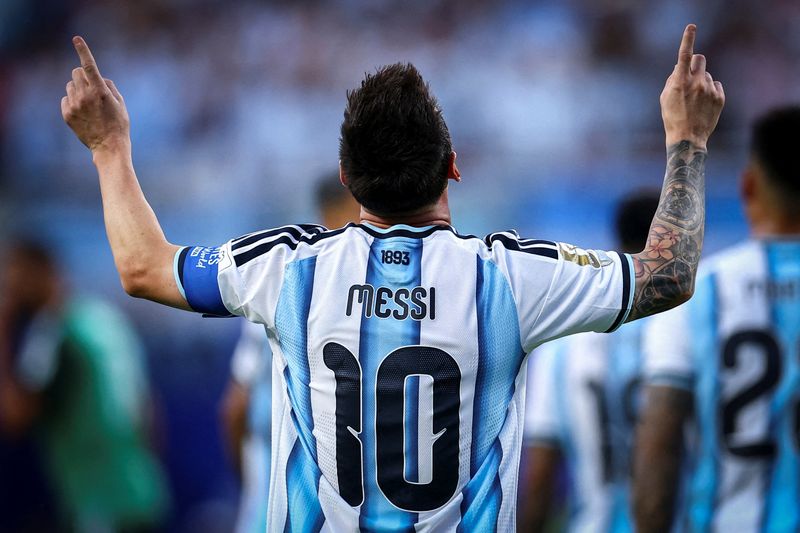 Argentina's Lionel Messi celebrates scoring their first goal in Kansas City Stadium, Kansas City, Missouri, on June 16.