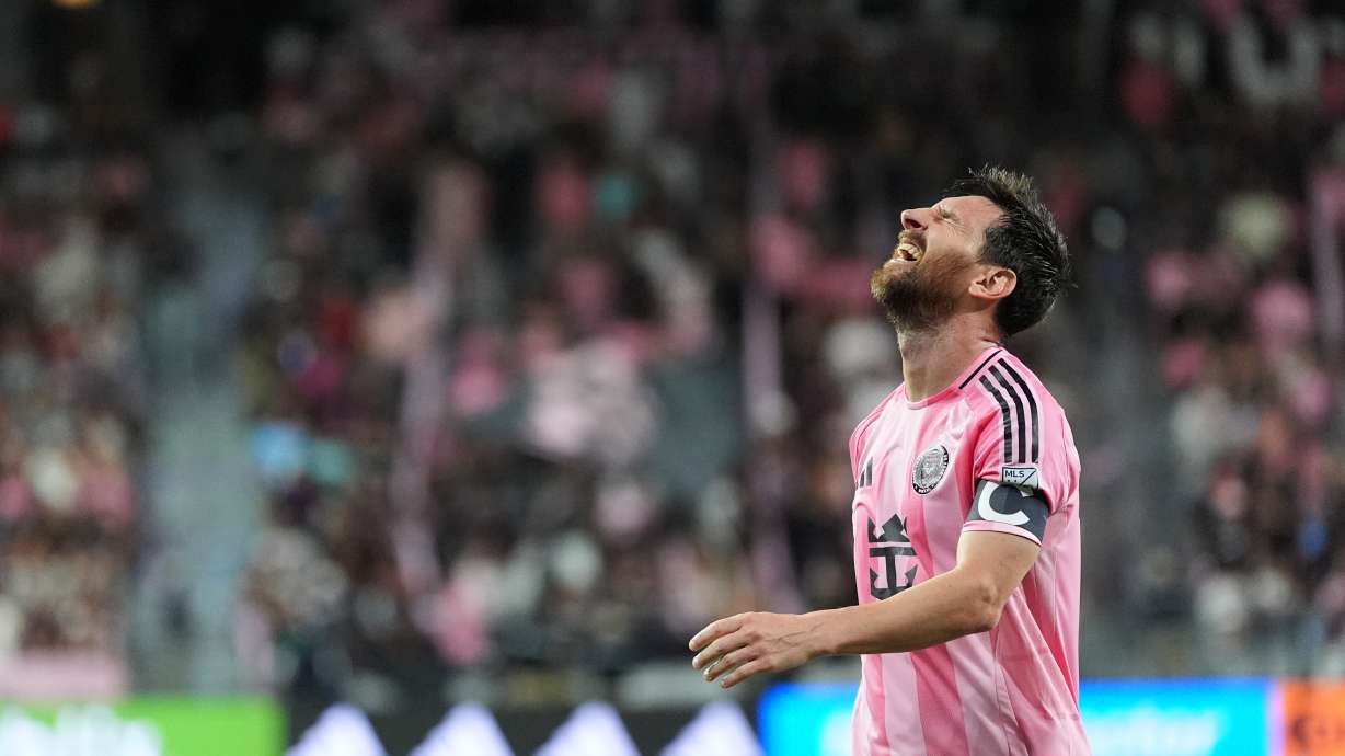 Inter Miami forward Lionel Messi reacts following an unsuccessful scoring attempt during the first half of an MLS soccer match against CF Montreal, Saturday, Aug. 29, 2026, in Miami.