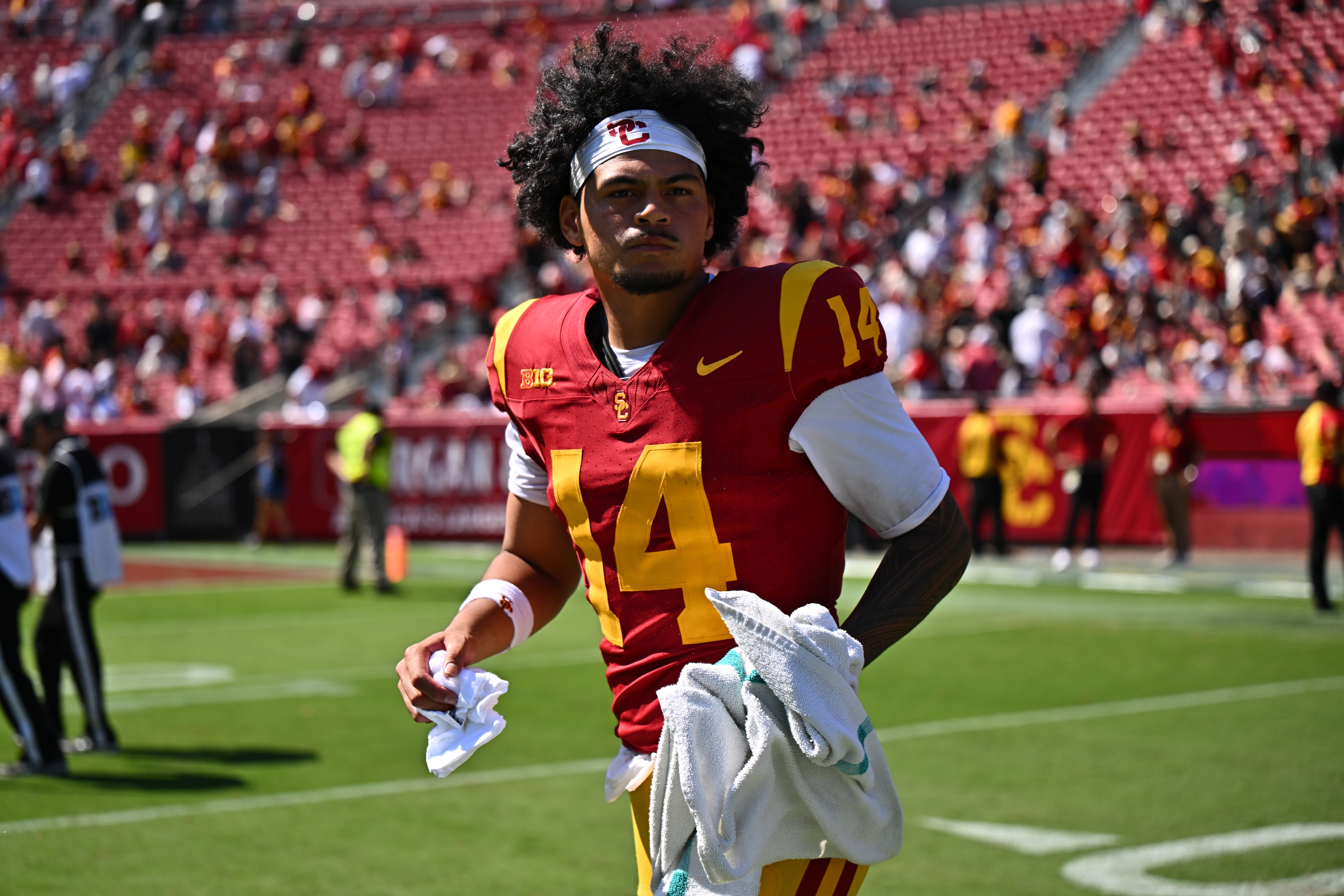 Southern California quarterback Jayden Maiava runs on the field after his team defeated San Jose State in an NCAA college football game, Saturday, Aug. 29, 2026, in Los Angeles. 