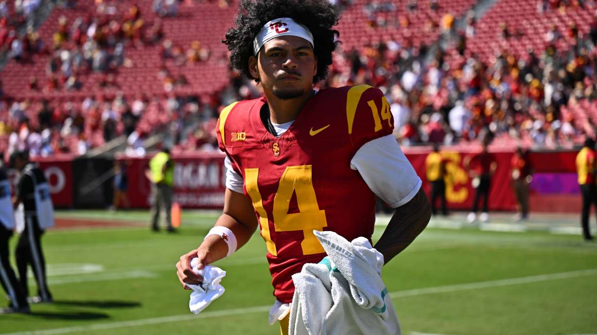 Southern California quarterback Jayden Maiava runs on the field after his team defeated San Jose State in an NCAA college football game, Saturday, Aug. 29, 2026, in Los Angeles.
