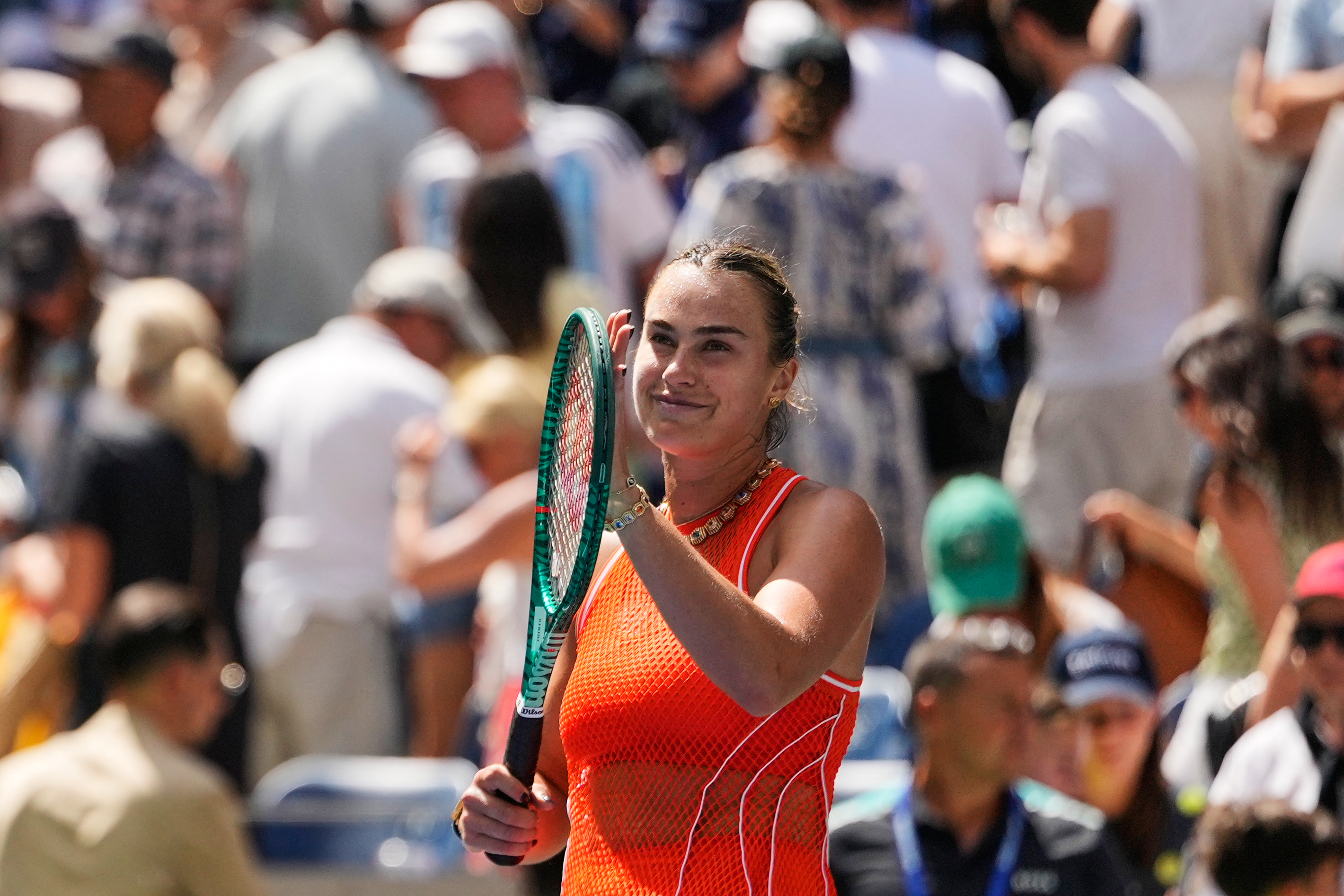 Aryna Sabalenka, of Belarus, celebrates after winning a match against Camila Osorio, of Colombia, during the first round of the U.S. Open tennis championships, Monday, Aug. 31, 2026, in New York. 