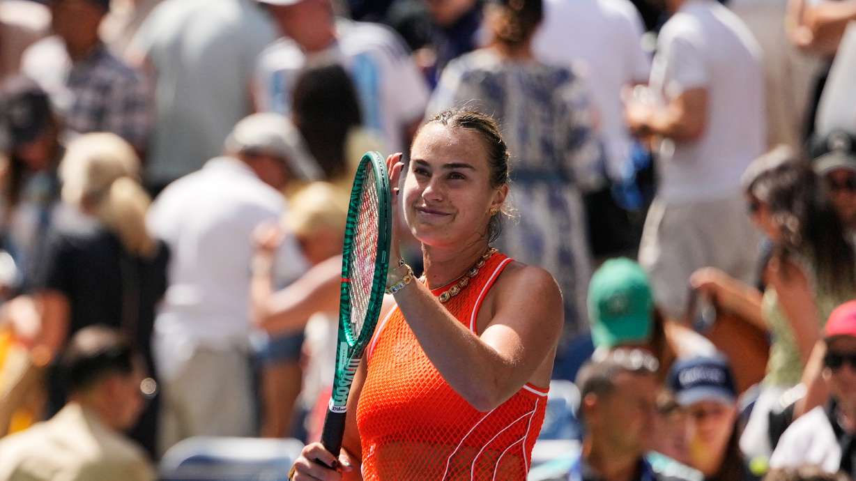 Aryna Sabalenka, of Belarus, celebrates after winning a match against Camila Osorio, of Colombia, during the first round of the U.S. Open tennis championships, Monday, Aug. 31, 2026, in New York.