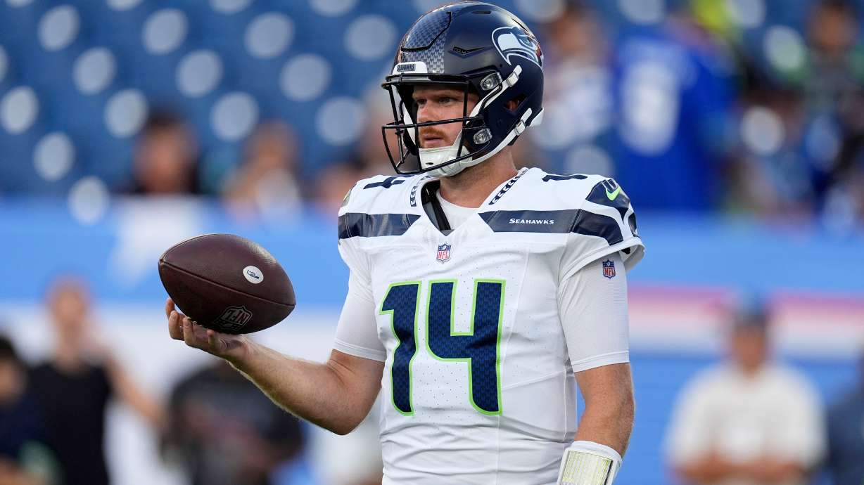 Seattle Seahawks quarterback Sam Darnold warms up before a preseason NFL football game against the Tennessee Titans, Sunday, Aug. 23, 2026, in Nashville, Tenn.