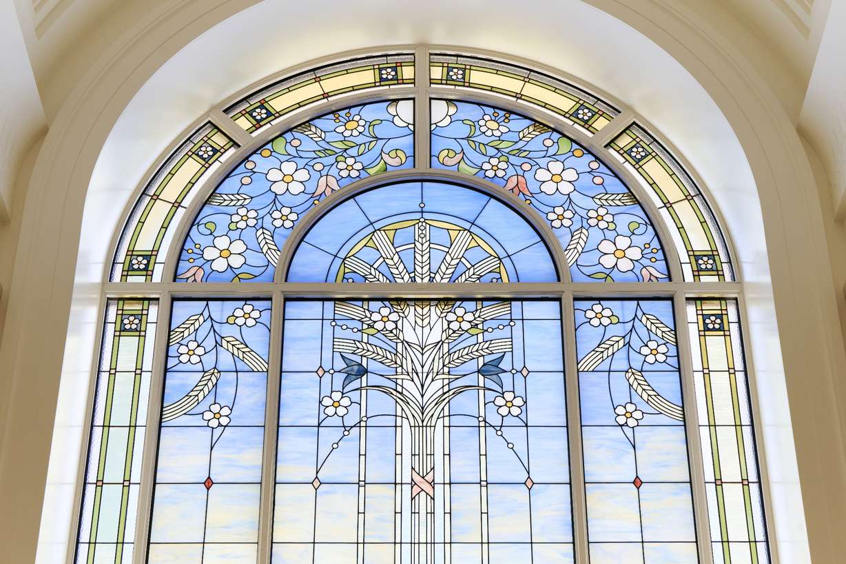 A stained glass window in the Ephraim Utah Temple. The temple's public open house runs from Wednesday to Sept. 19 following a media day on Monday. Aug. 31, 2026