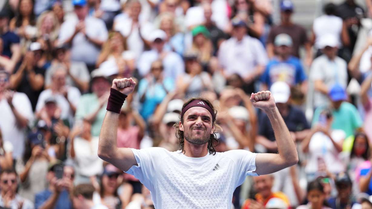 Stefanos Tsitsipas, of Greece, celebrates winning a match against Arthur Fils, of France, during the first round of the U.S. Open tennis championships, Monday, Aug. 31, 2026, in New York.