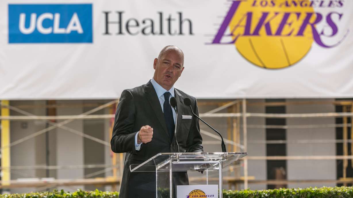 FILE - Los Angeles Lakers Chief Operating Officer Tim Harris speaks in El Segundo, Calif., Aug 31, 2016.