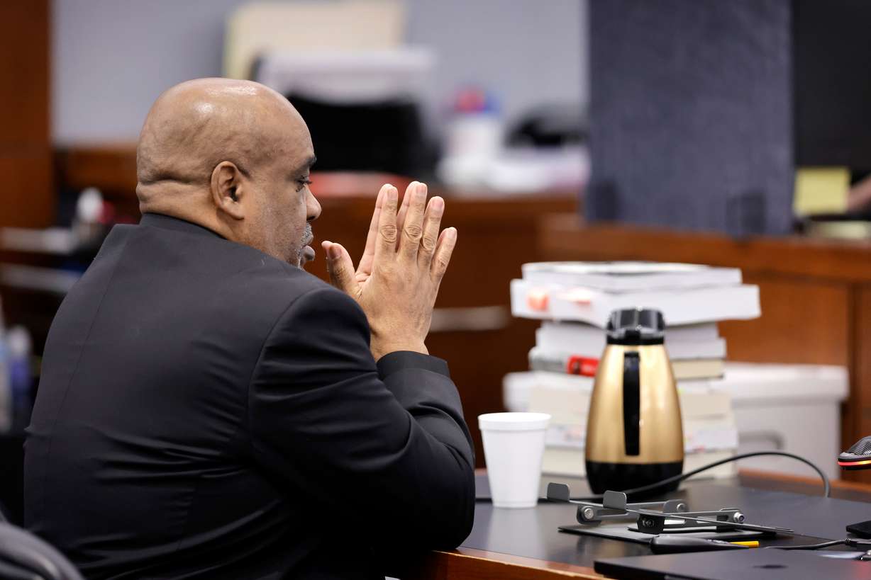Duane Davis listens to closing arguments in his murder trial, related to the 1996 killing of rapper Tupac Shakur, in Clark County District Court at the Regional Justice Center in Las Vegas, Monday.