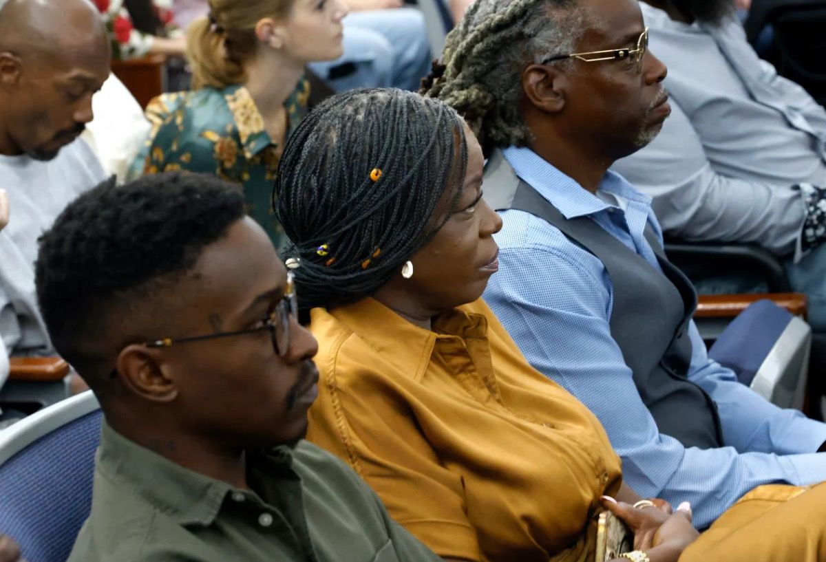 Family members of rapper Tupac Shakur, including his sister Sekyiwa Shakur (center), attend the murder trial of Duane Davis in Las Vegas on August 21.