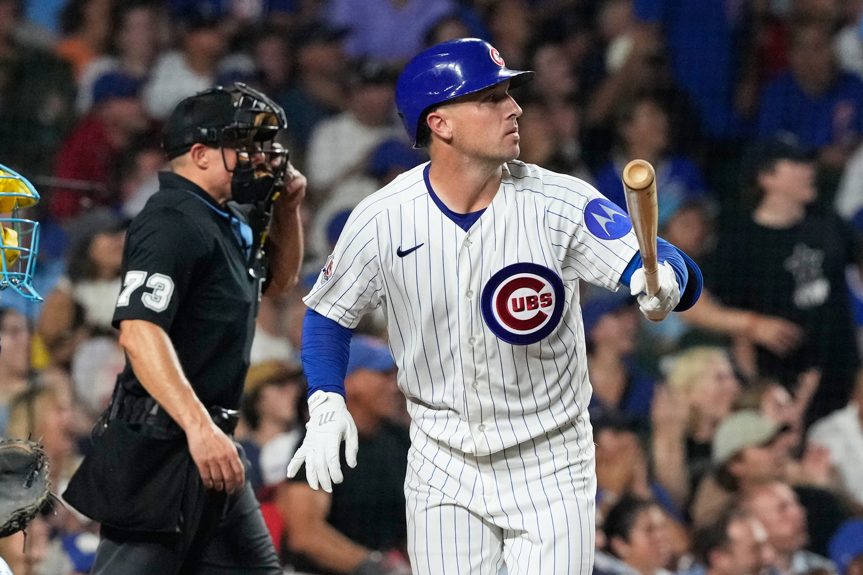 Chicago Cubs' Alex Bregman, right, watches his solo home run during the fourth inning of a baseball game against the Milwaukee Brewers in Chicago, Monday, Aug. 31, 2026. 