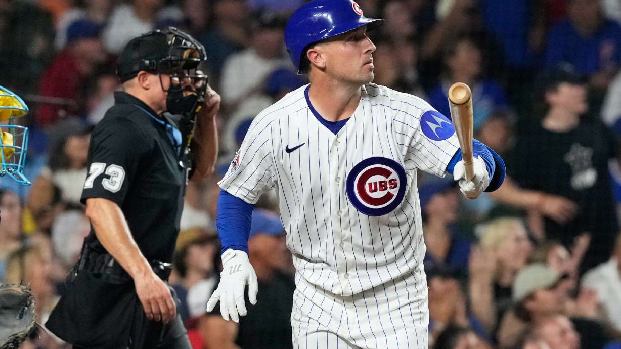 Chicago Cubs' Alex Bregman, right, watches his solo home run during the fourth inning of a baseball game against the Milwaukee Brewers in Chicago, Monday, Aug. 31, 2026.