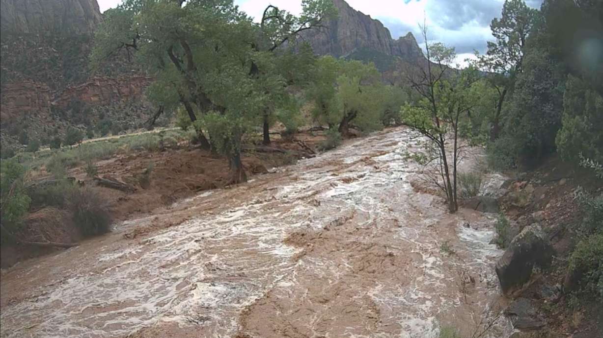The Virgin River swells to double in size near Springdale, Washington County amid immense rain on Monday. Flooding was reported in spots all across Utah during the day.