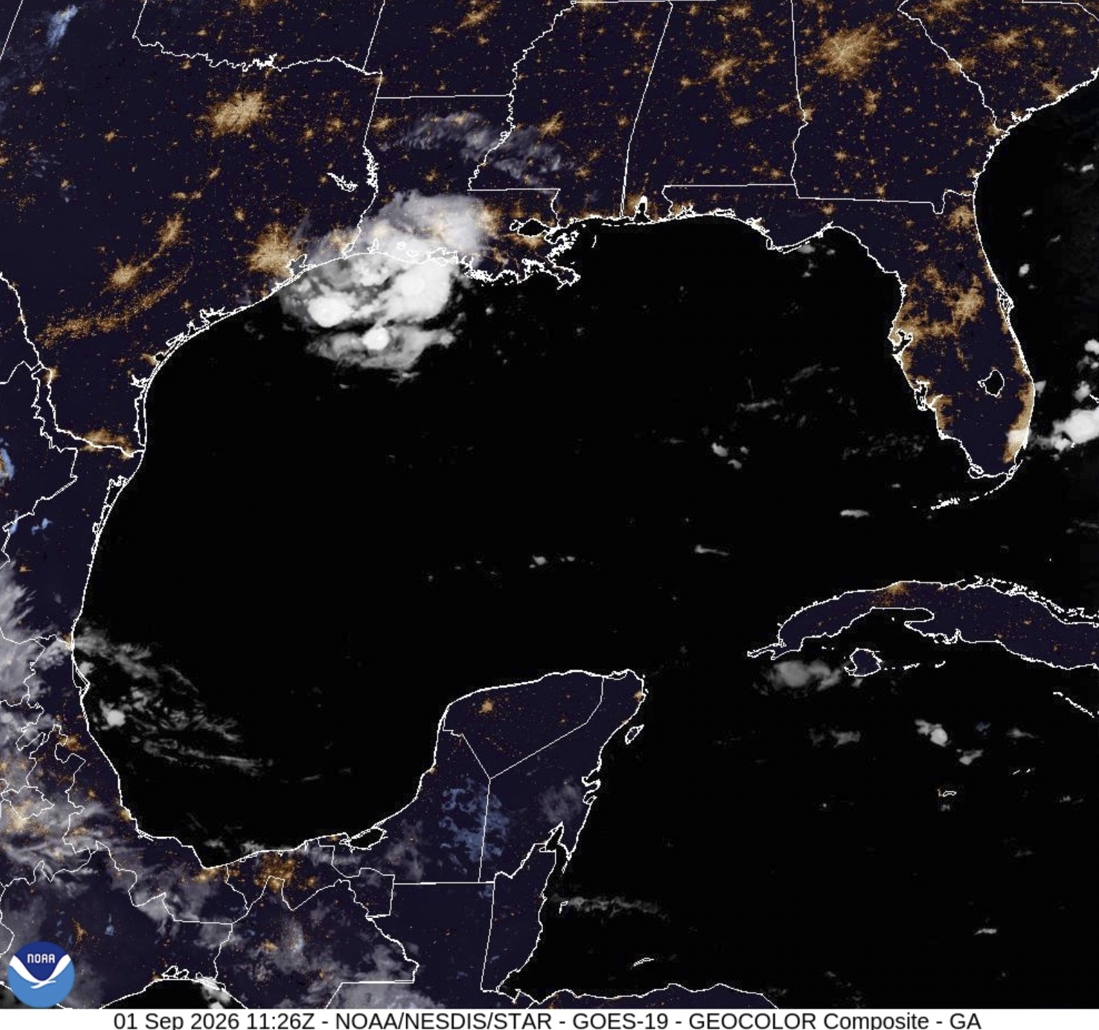 This satellite image from the National Oceanic and Atmospheric Administration taken shows Tropical Storm Edouard heading toward the Gulf Coast, Tuesday, Sept. 1, 2026. 