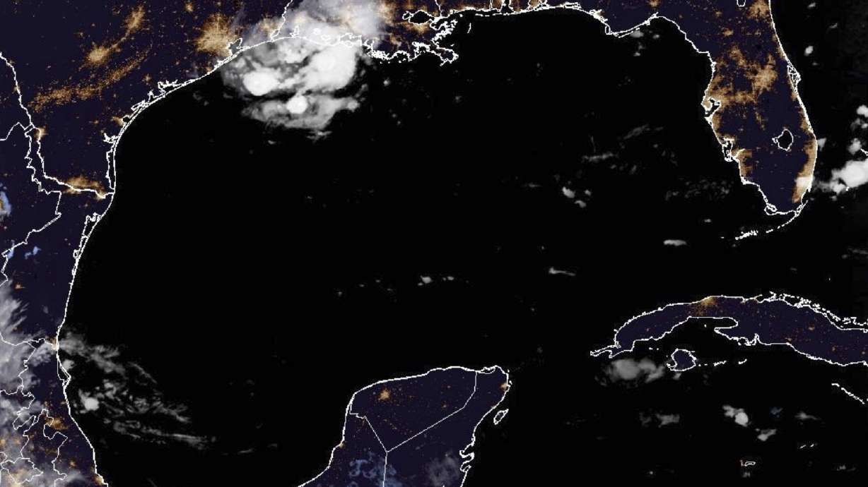 This satellite image from the National Oceanic and Atmospheric Administration taken shows Tropical Storm Edouard heading toward the Gulf Coast, Tuesday, Sept. 1, 2026.