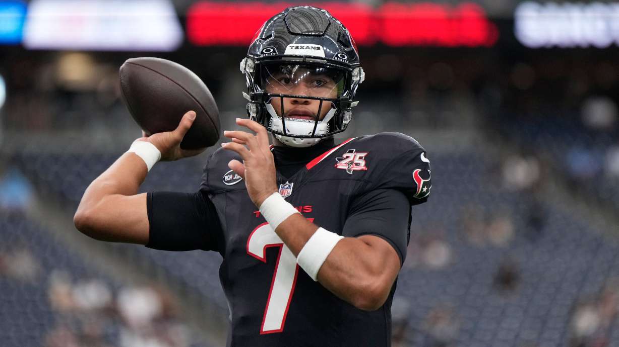 Houston Texans quarterback C.J. Stroud (7) throws before an NFL preseason football game against the Las Vegas Raiders, Thursday, Aug. 20, 2026, in Houston.