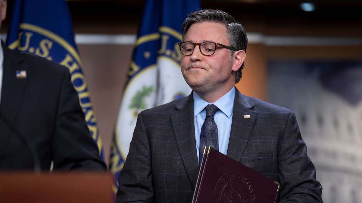 Speaker of the House Mike Johnson, R-La., as he meets with reporters ahead of a vote on a stopgap funding bill and a resolution targeting socialist policies, during a news conference at the Capitol in Washington, Tuesday. The measure passed.