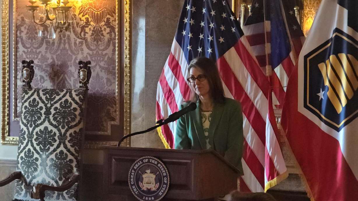 Lt. Gov. Deidre Henderson speaks in the Gold Room at the state Capitol in Salt Lake City to announce a new state digital apostille program on Tuesday.