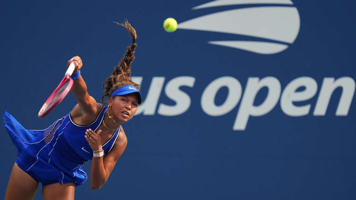 Thea Frodin, of the United States, serves the ball to Elena Rybakina, of Kazakhstan, during the first round of the U.S. Open tennis championships Tuesday, Sept. 1, 2026, in New York.