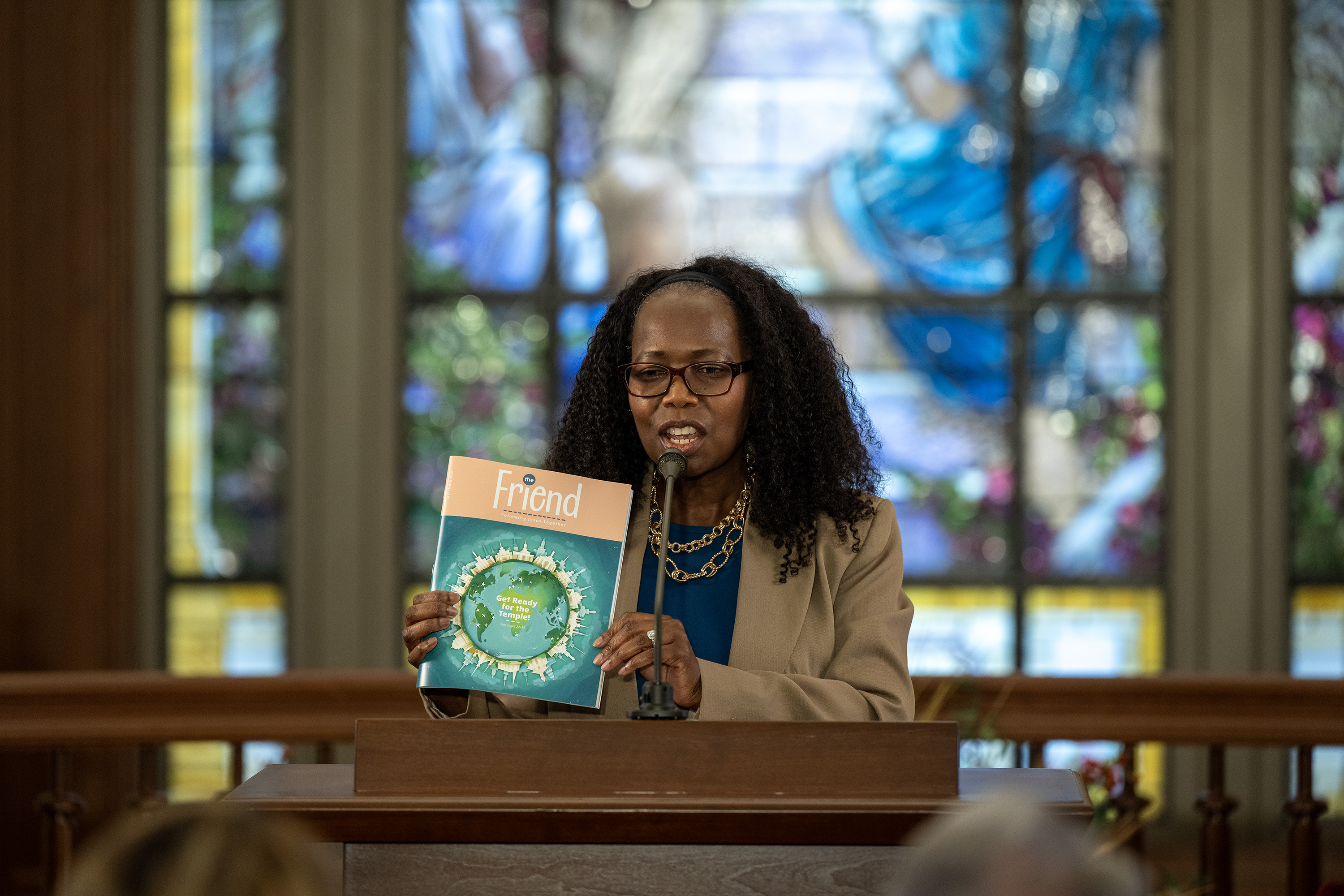 President Rosemary K. Chibota, Primary general president of The Church of Jesus Christ of Latter-day Saints, speaks during the announcement of the celebration theme for the Salt Lake Temple at a press event on Temple Square in Salt Lake City on Tuesday.