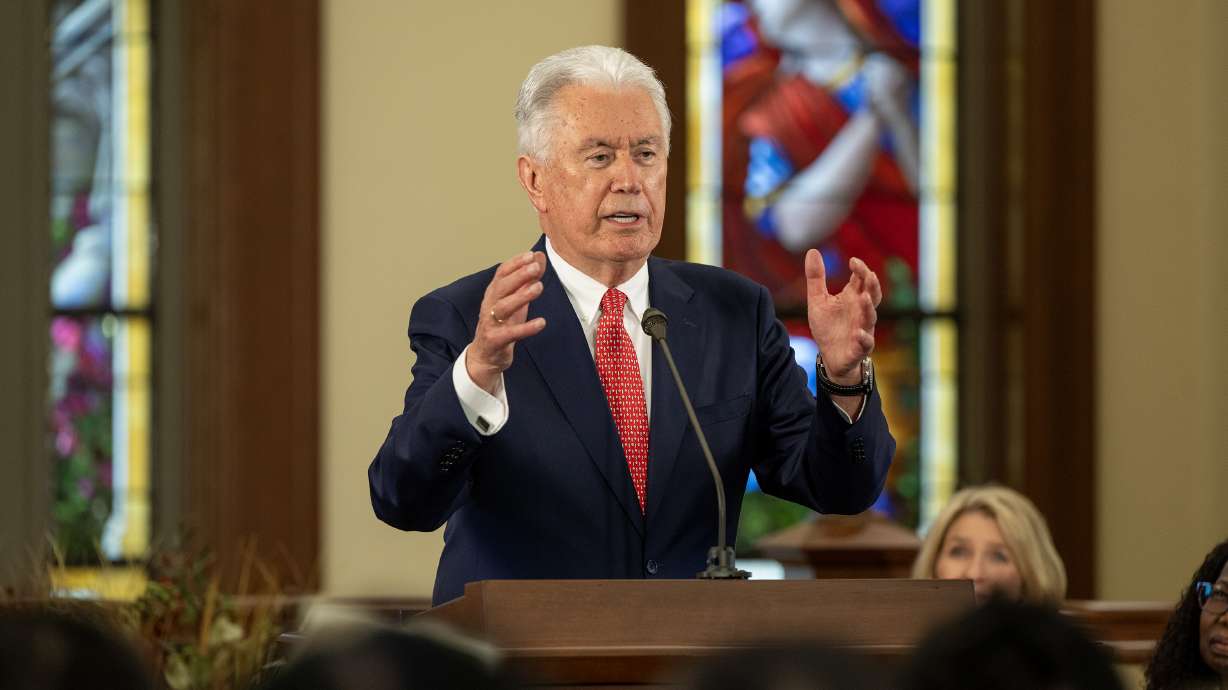 President Dieter F. Uchtdorf speaks during the announcement of the Salt Lake Temple Celebration theme on Temple Square in Salt Lake City on Tuesday.