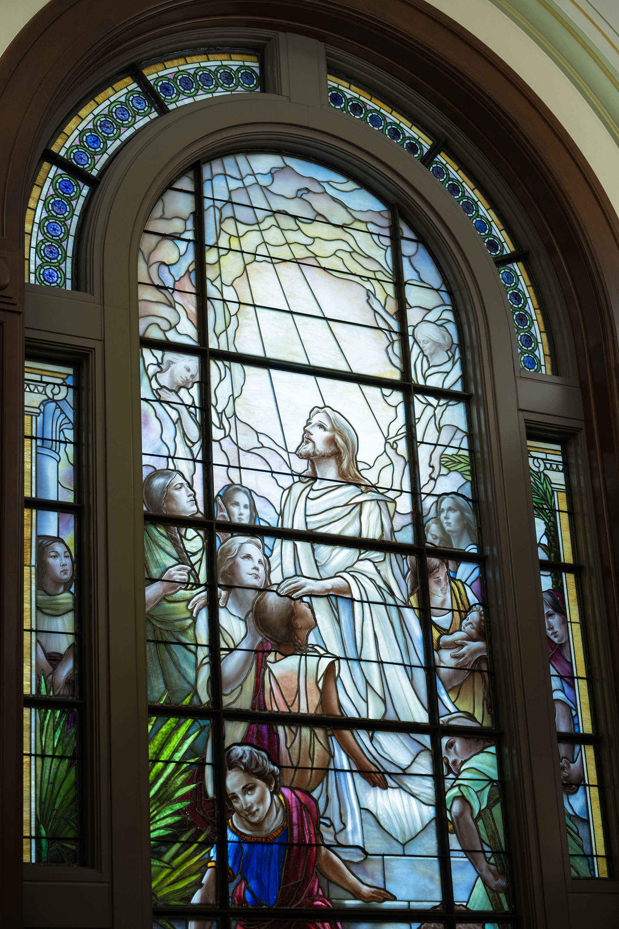 A large stained-glass art piece by artist Kathy Jordan is the centerpiece of the west entrance of the Salt Lake Temple on Temple Square in Salt Lake City on Tuesday.