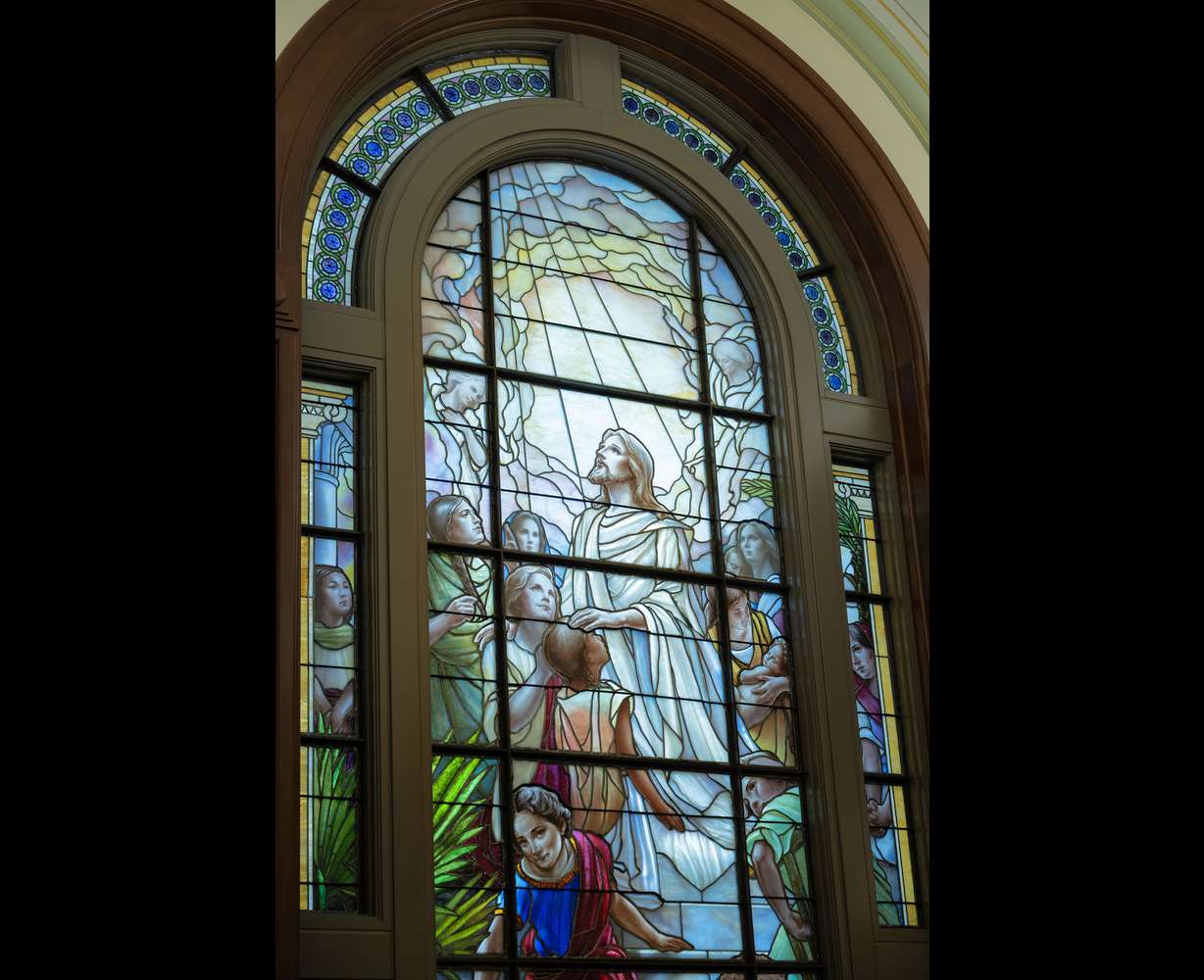 A large stained-glass art piece by artist Kathy Jordan is the centerpiece of the west entrance of the Salt Lake Temple on Temple Square in Salt Lake City on Tuesday.