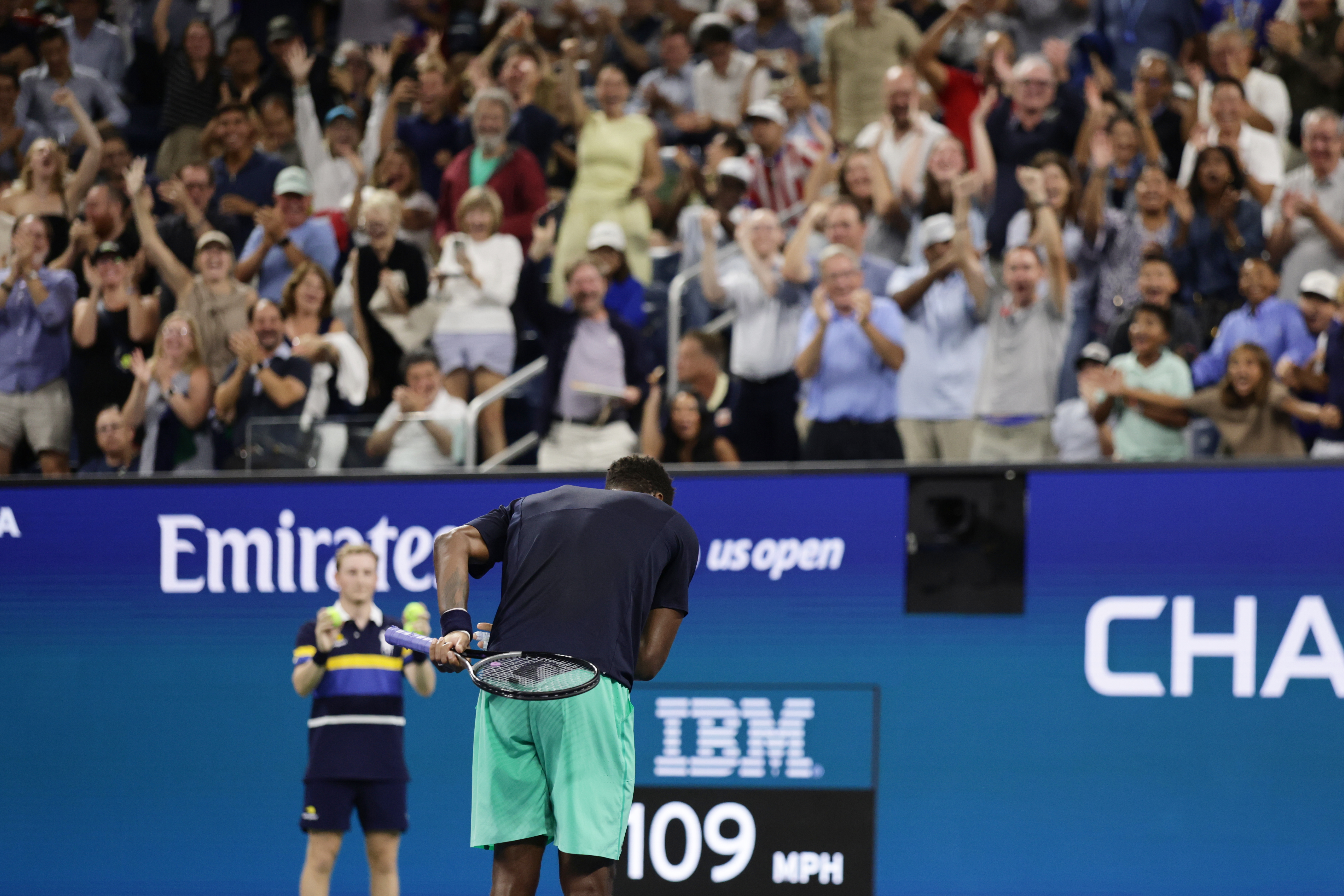 Gael Monfils, of France, takes a bow after winning a point against Adolfo Daniel Vallejo, of Paraguay, during the first round of the U.S. Open tennis championships Tuesday, Sept. 1, 2026, in New York. 