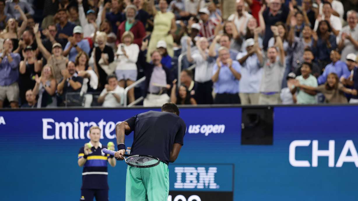 Gael Monfils, of France, takes a bow after winning a point against Adolfo Daniel Vallejo, of Paraguay, during the first round of the U.S. Open tennis championships Tuesday, Sept. 1, 2026, in New York.