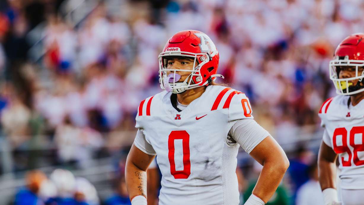 American Fork's Dalin Afu ran for a touchdown and scored another on a fumble recovery in the Cavemen's 28-26 win over Timpview, Friday, Aug. 28, 2026 in Provo, Utah.