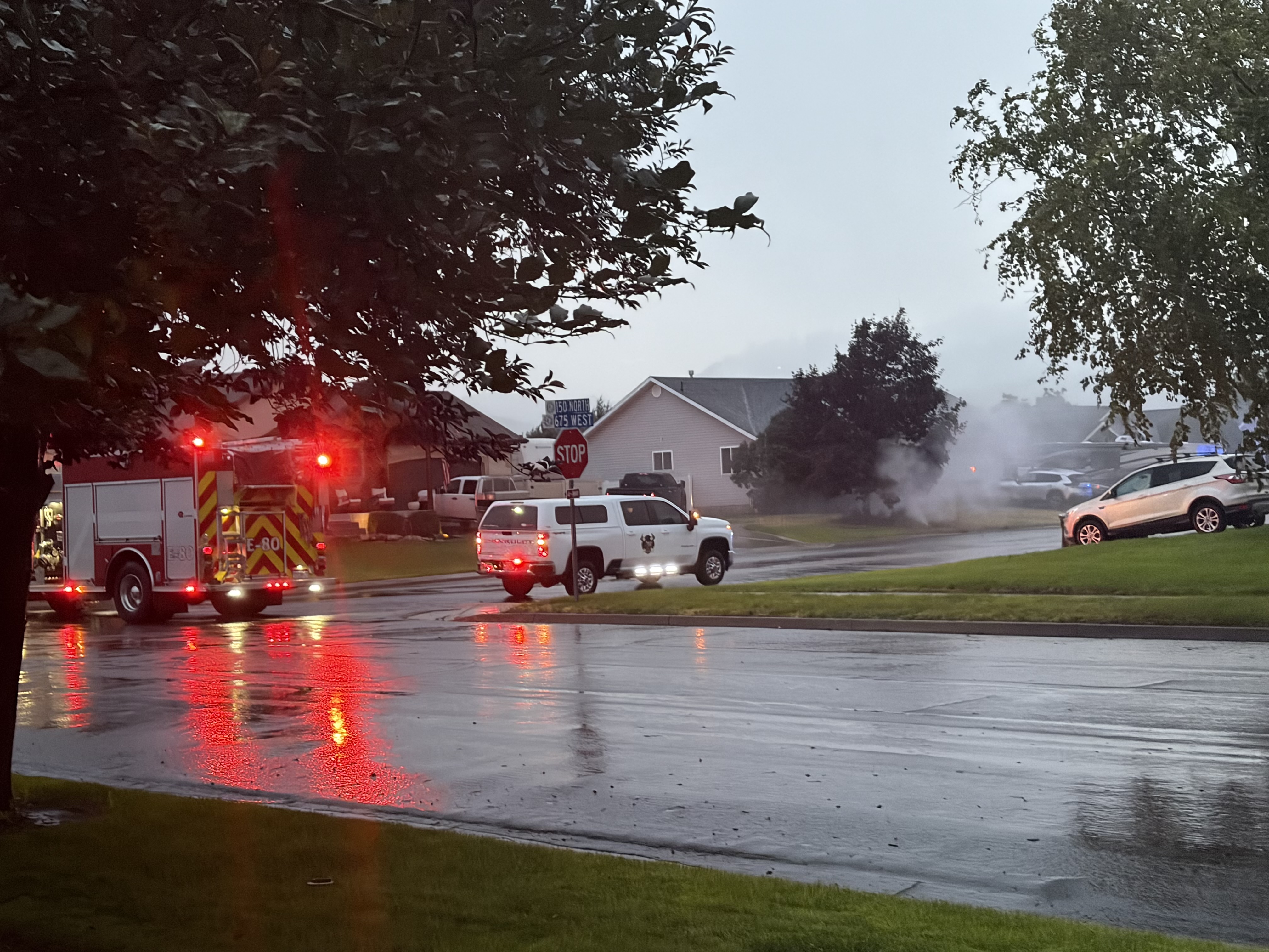 A lightning strike to a tree in Hyrum caused significant damage to a front yard, knocked out power and damaged an underground natural gas line, prompting evacuations in the neighborhood.