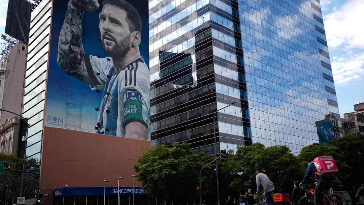 A mural of Argentine soccer player Lionel Messi covers a building in Buenos Aires, Argentina, Monday, Aug. 31, 2026.
