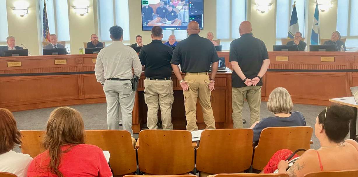 The controversial arrest of an immigrant last week by an ICE agent as an Ogden officer looked on sparked intense discussion at an Ogden City Council meeting on Tuesday. In the photo, Darick Fisher of the Weber Fraternal Order of Police addresses the council surrounded by other law enforcement reps.