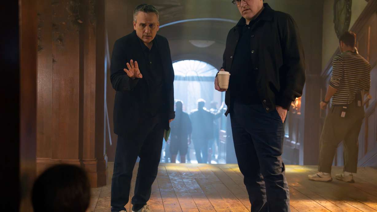 This image released by Marvel shows directors Joe Russo, left, and Anthony Russo on the set of "Avengers: Doomsday."