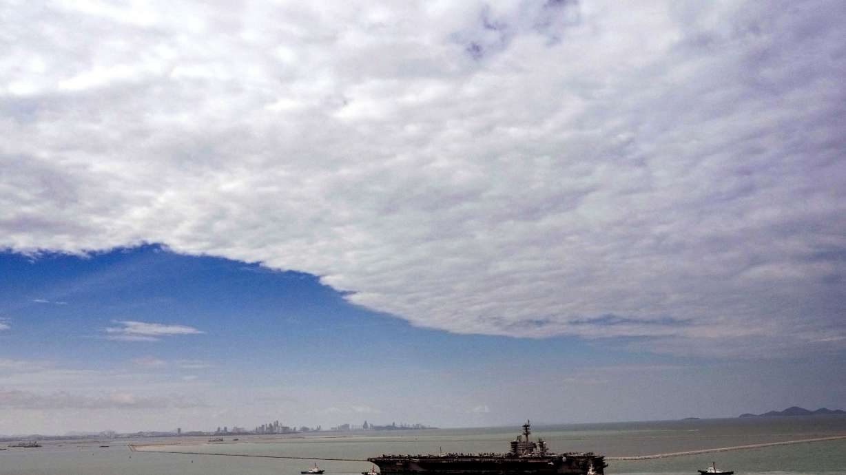 The U.S. Navy aircraft carrier USS Abraham Lincoln arrives at the port in Laem Chabang, Chonburi, Thailand, Wednesday, Sept. 2, 2026.