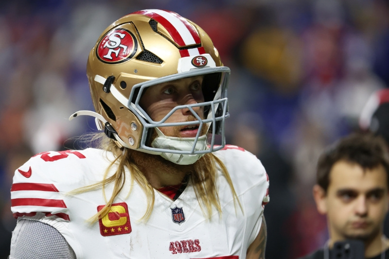 Dec 22, 2025; Indianapolis, Indiana, USA; San Francisco 49ers tight end George Kittle (85) looks on during warmups before the game against the Indianapolis Colts at Lucas Oil Stadium.