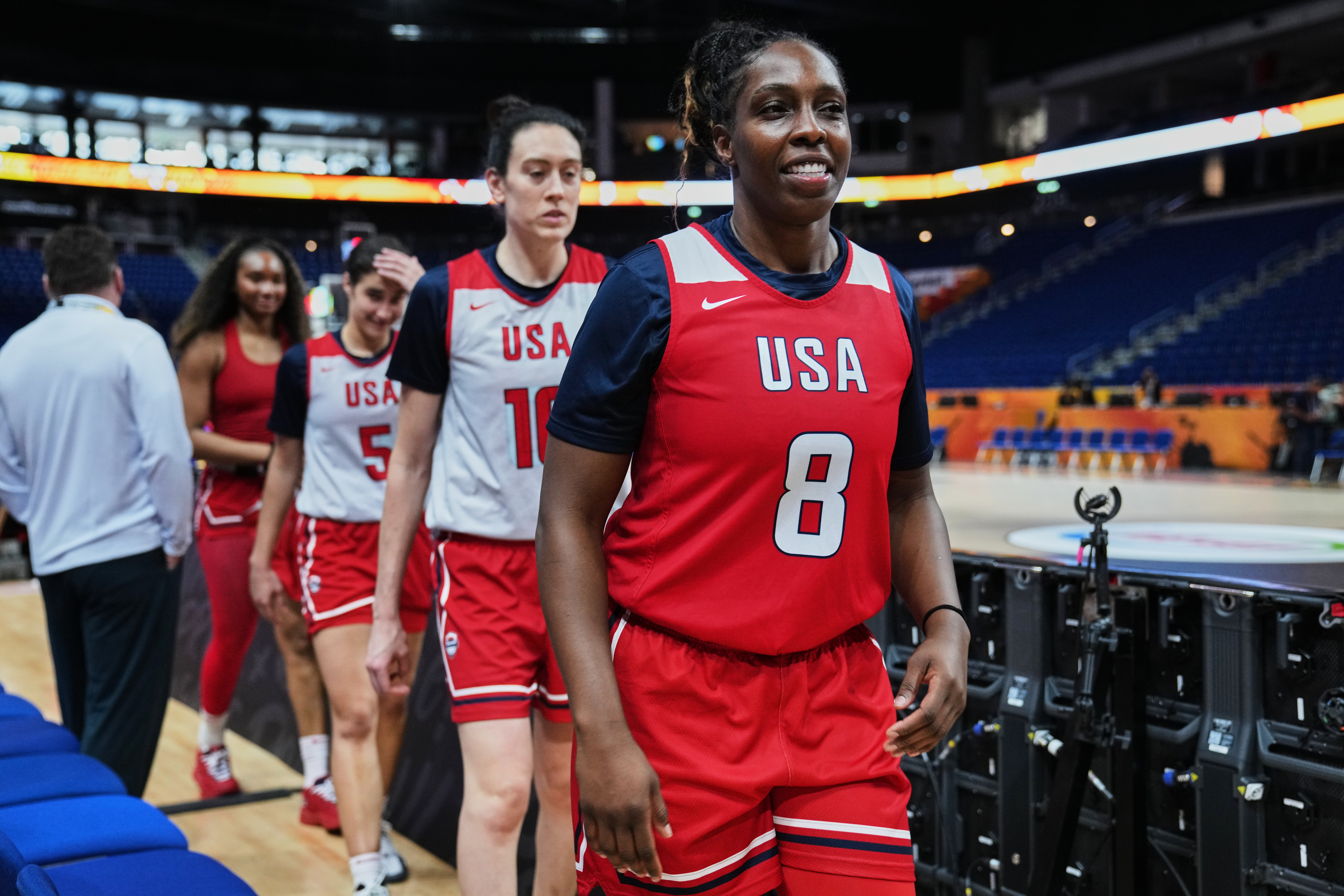 Chelsea Gray (8) of United States attends a training session ahead of the match between China and United States during the Women's Basketball World Cup in Berlin, Germany, Wednesday, Sept. 2, 2026. 