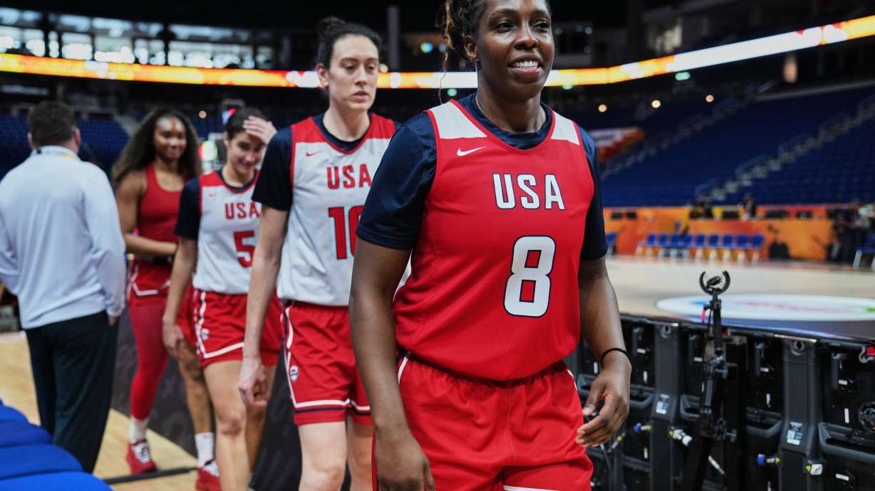 Chelsea Gray (8) of United States attends a training session ahead of the match between China and United States during the Women's Basketball World Cup in Berlin, Germany, Wednesday, Sept. 2, 2026.