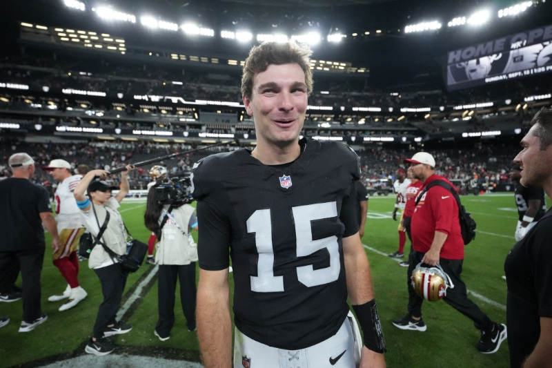 Aug 27, 2026; Paradise, Nevada, USA;  Las Vegas Raiders quarterback Fernando Mendoza (15) reacts while walking on the field after a game against the San Francisco 49ers at Allegiant Stadium.