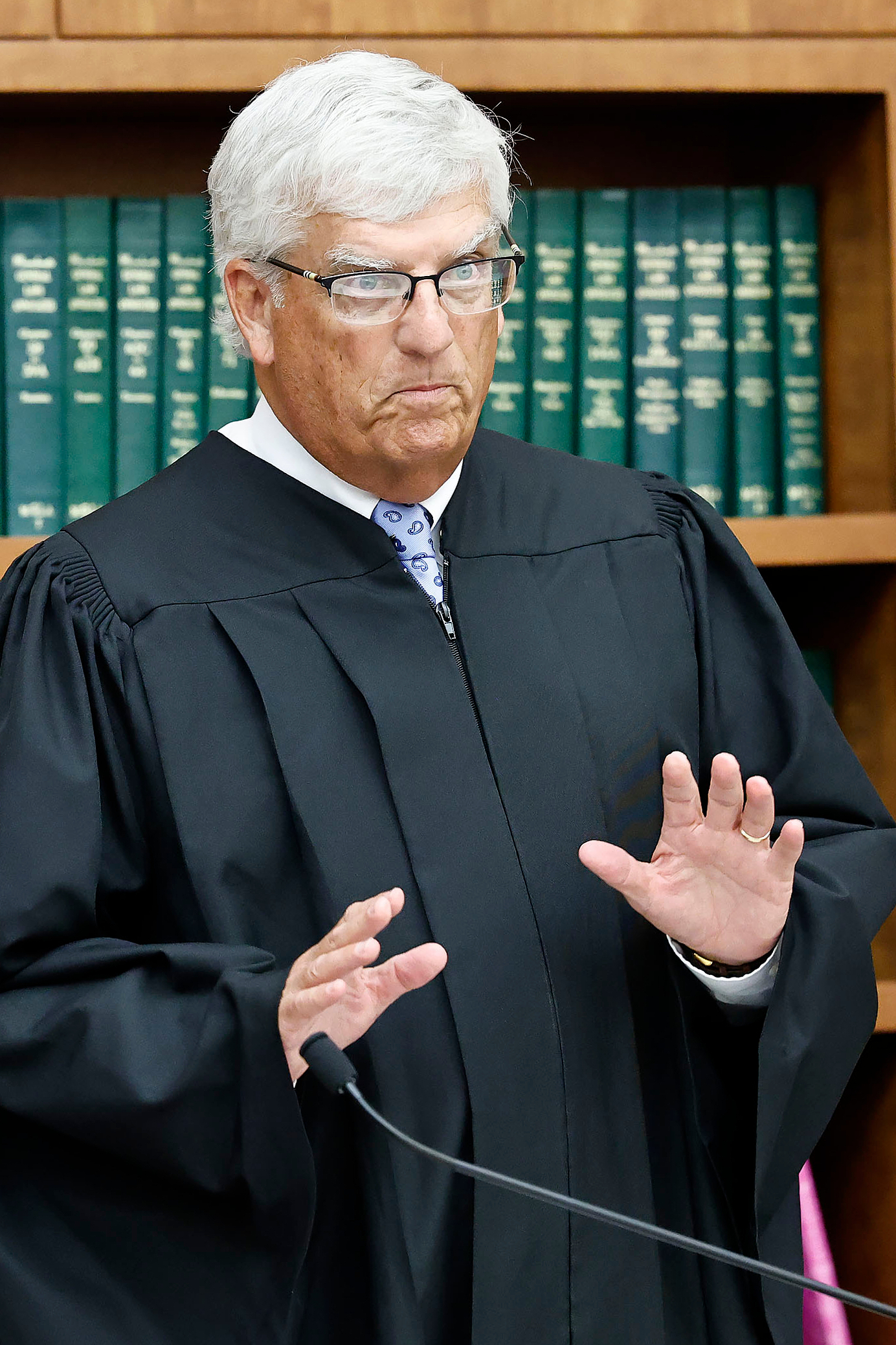 Judge William Sullivan speaks to the press and spectators in the courtroom during Lindsay Clancy's murder trial at Plymouth Superior Court in Plymouth, Mass., Wednesday. Sullivan sent the jury home after it couldn't reach a verdict for a fifth straight day.
