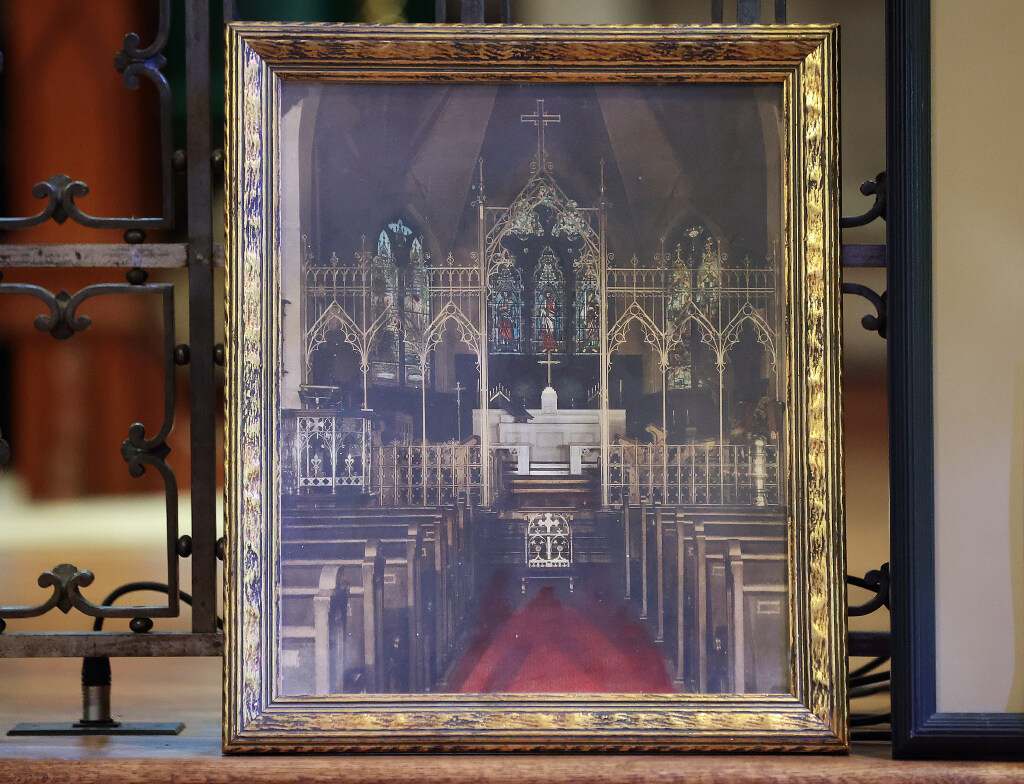 A historic photo of the Episcopal Cathedral Church of St. Mark, taken prior to the fire of 1935, is pictured at the cathedral in Salt Lake City on Tuesday.