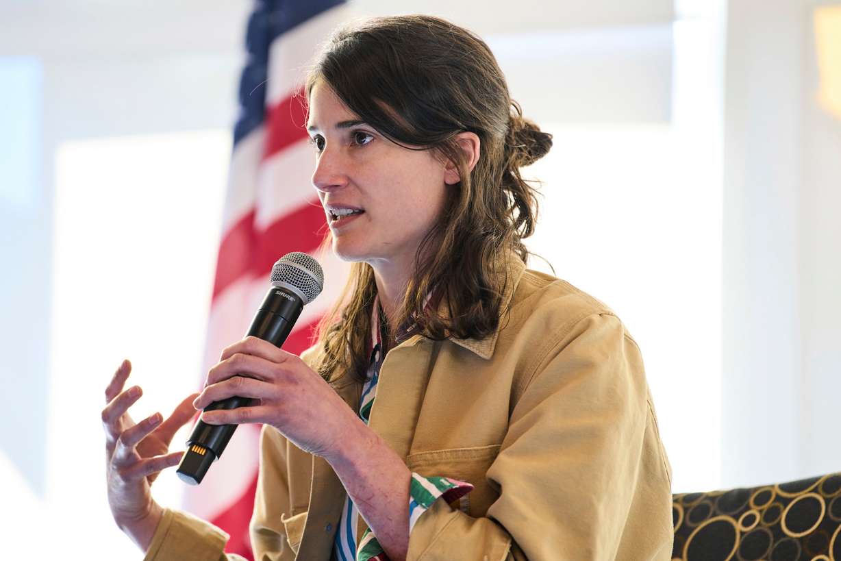 Rep. Marie Gluesenkamp Perez, D-Wash., speaks during a town hall event at Centralia College, April 22, 2025, in Centralia, Wash. Perez and Rep. Jared Golden, D-Maine, both voted for a Republican rule that passed with their help.