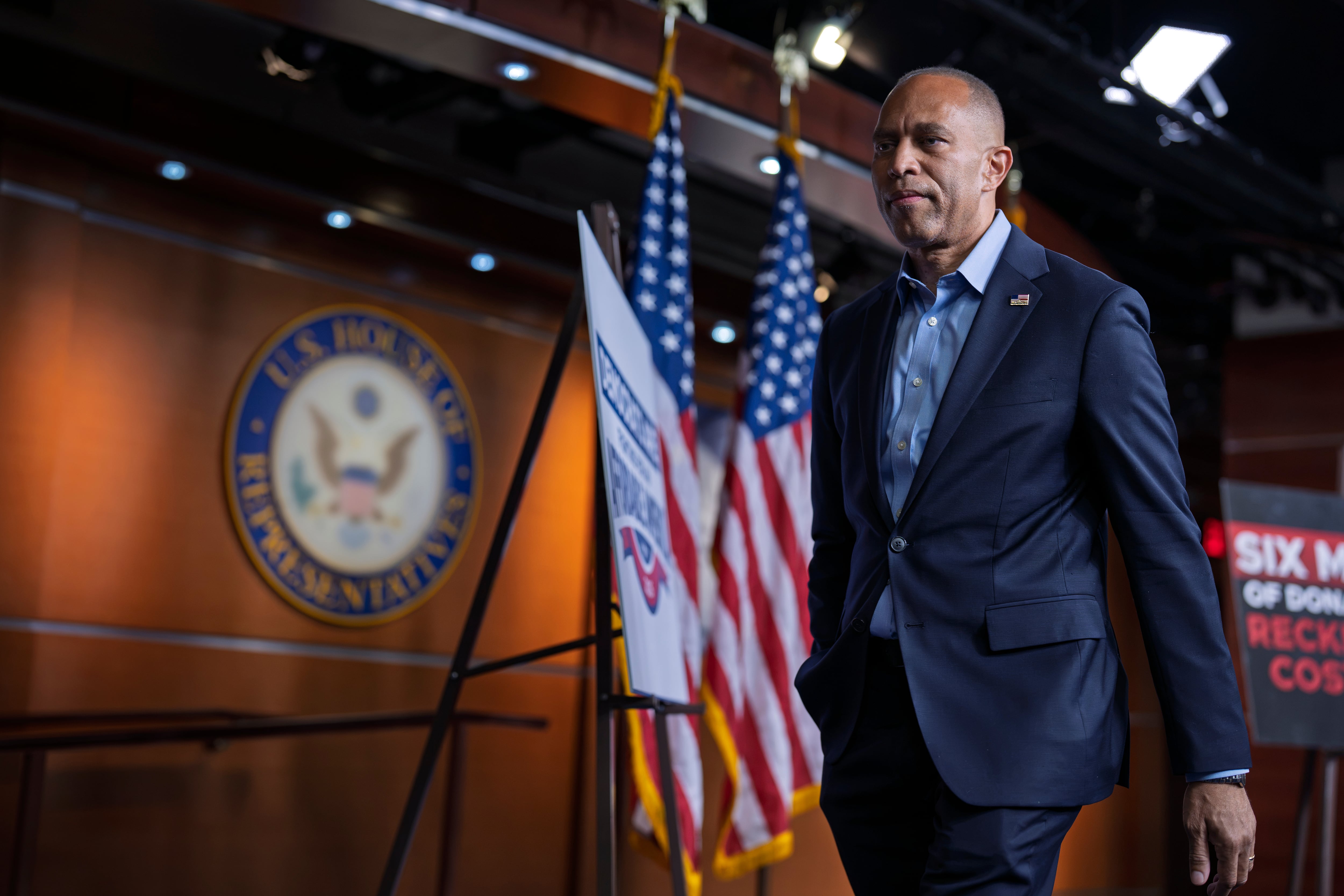 House Minority Leader Hakeem Jeffries, D-N.Y., leaves a news conference where he discussed the war with Iran and the cost of living as he speaks to reporters at the Capitol in Washington, Monday. Jeffries was "blindsided" when two of his party's representatives voted to pass a Republican rule in the House.
