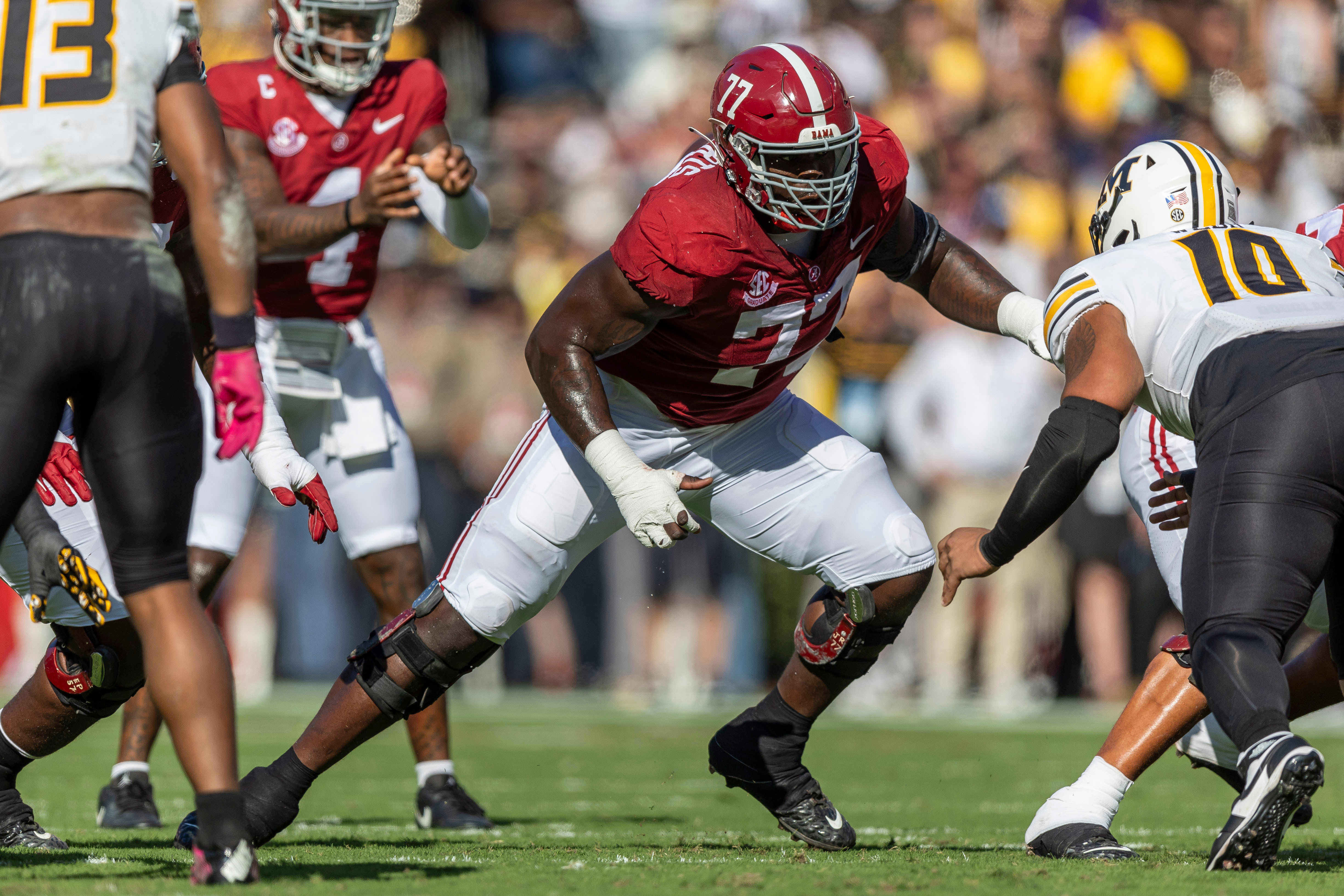 FILE - Alabama offensive lineman Jaeden Roberts (77) blocks Missouri defensive tackle Sterling Webb (10) during the first half of an NCAA college football game, Saturday, Oct. 26, 2024, in Tuscaloosa, Ala. 