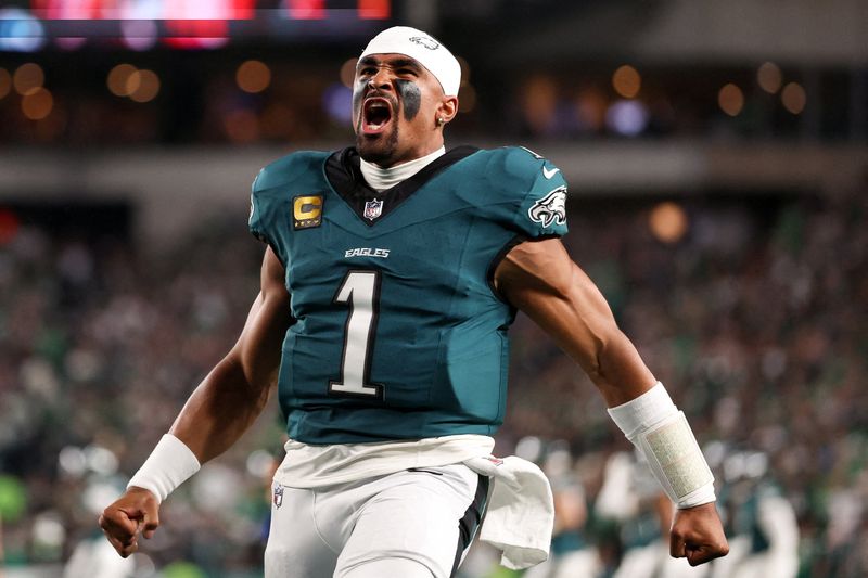 Sep 4, 2025; Philadelphia, Pennsylvania, USA; Philadelphia Eagles quarterback Jalen Hurts (1) looks on prior to the game against the Dallas Cowboys at Lincoln Financial Field.