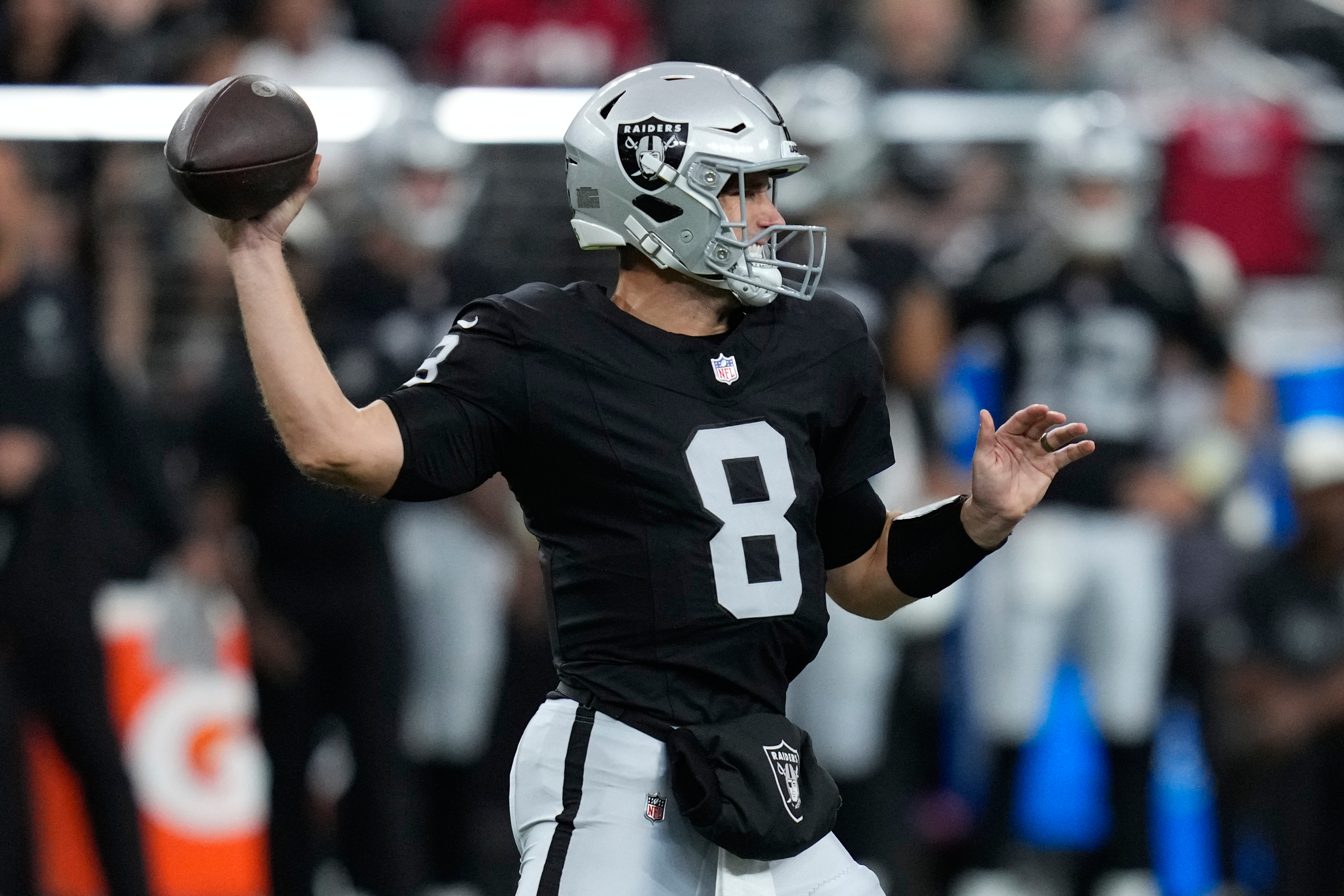 Las Vegas Raiders quarterback Kirk Cousins (8) throws during the first half of an NFL preseason football game against the San Francisco 49ers, Thursday, Aug. 27, 2026}, in Las Vegas. 