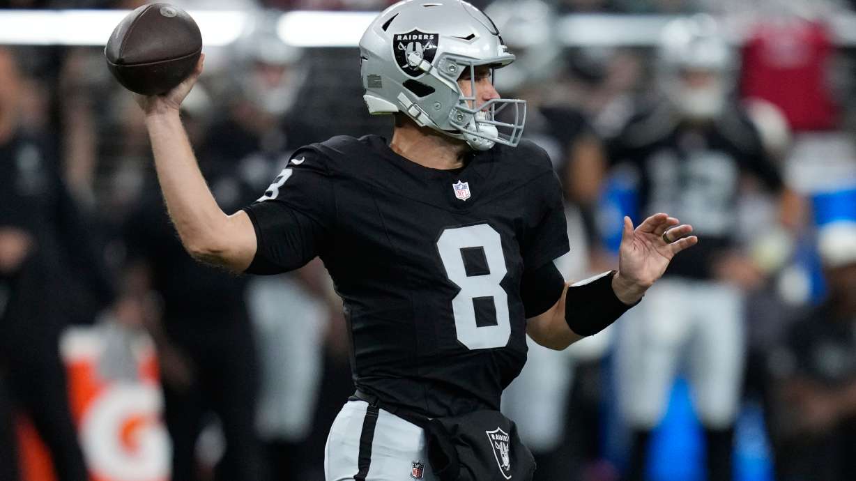 Las Vegas Raiders quarterback Kirk Cousins (8) throws during the first half of an NFL preseason football game against the San Francisco 49ers, Thursday, Aug. 27, 2026}, in Las Vegas.